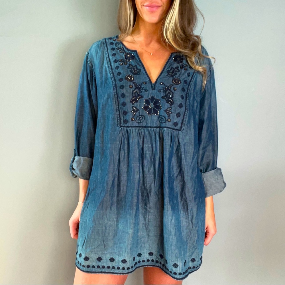 Gorgeous Vintage America Navy Blue with Embroidery and Gold Bead Blouse or Dress - Picture 2 of 11